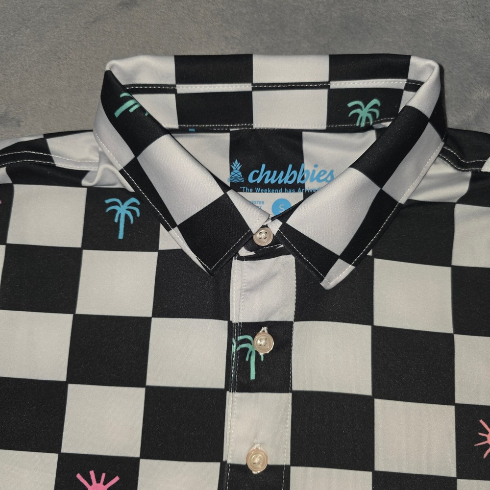 Chubbies Mens Checkerboard Palm Tree Polo Shirt Black White Small
